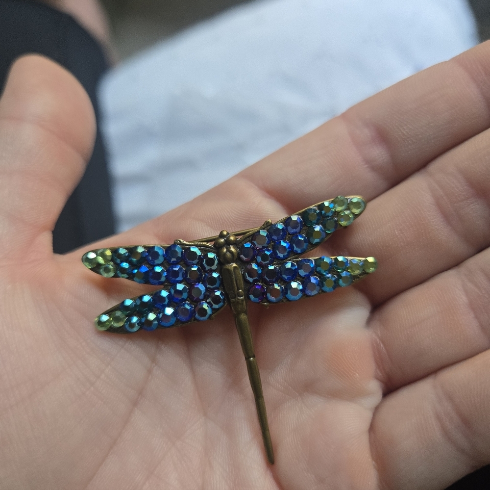 Anne Koplik Dragonfly Rhinestone Brooch in Blue-Green